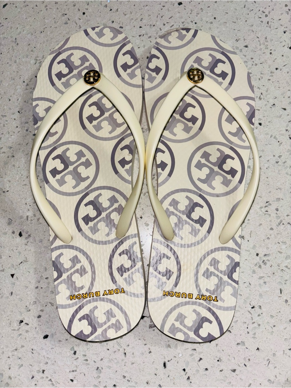 Tory Burch Cream and Gray Logo Flip Flop Sandals